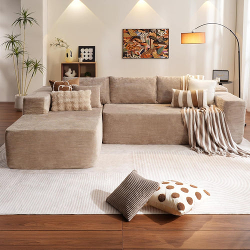 L-Shape Modular Couch, Plush Corduroy Fabric, No Assembly Required