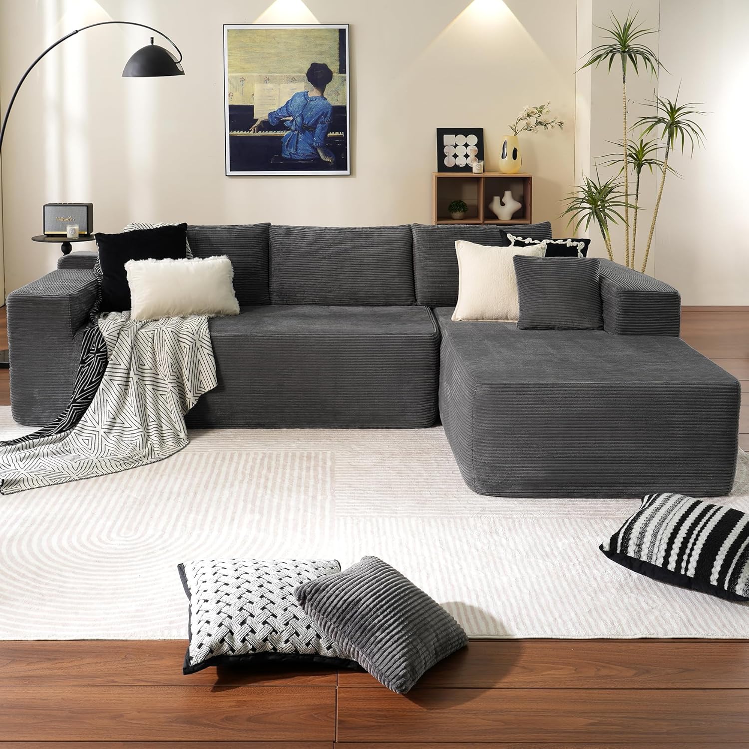 L-Shape Modular Couch, Plush Corduroy Fabric, No Assembly Required