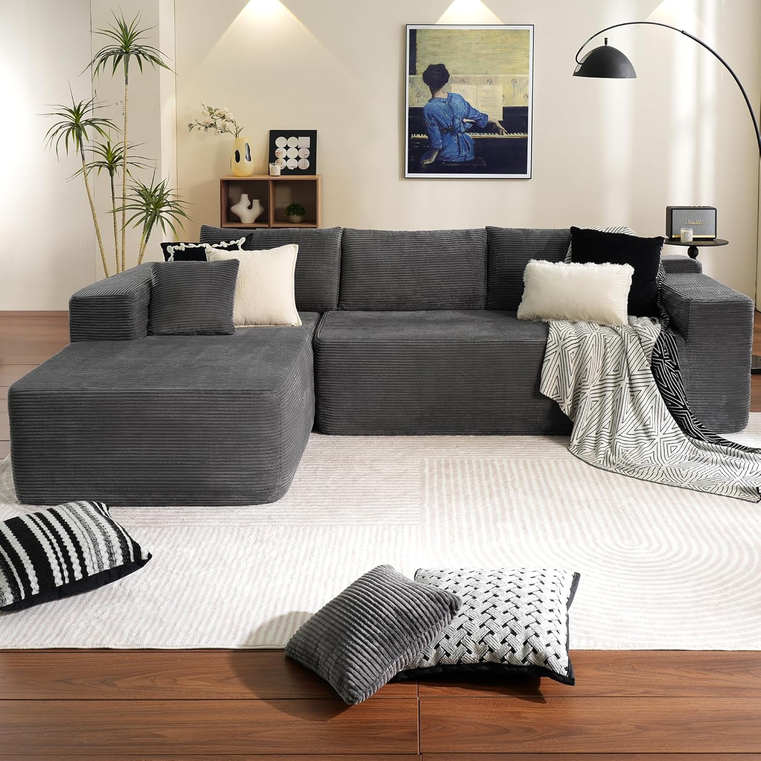 L-Shape Modular Couch, Plush Corduroy Fabric, No Assembly Required