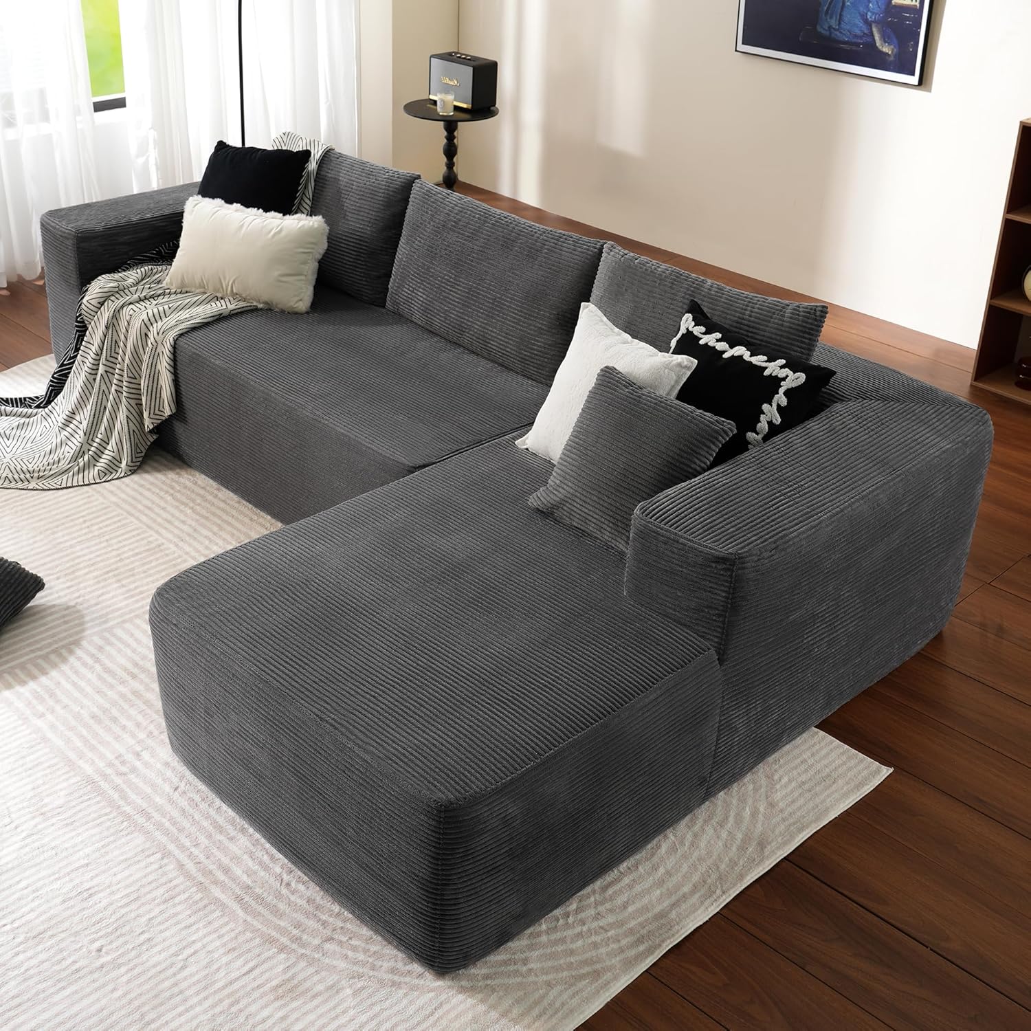 L-Shape Modular Couch, Plush Corduroy Fabric, No Assembly Required