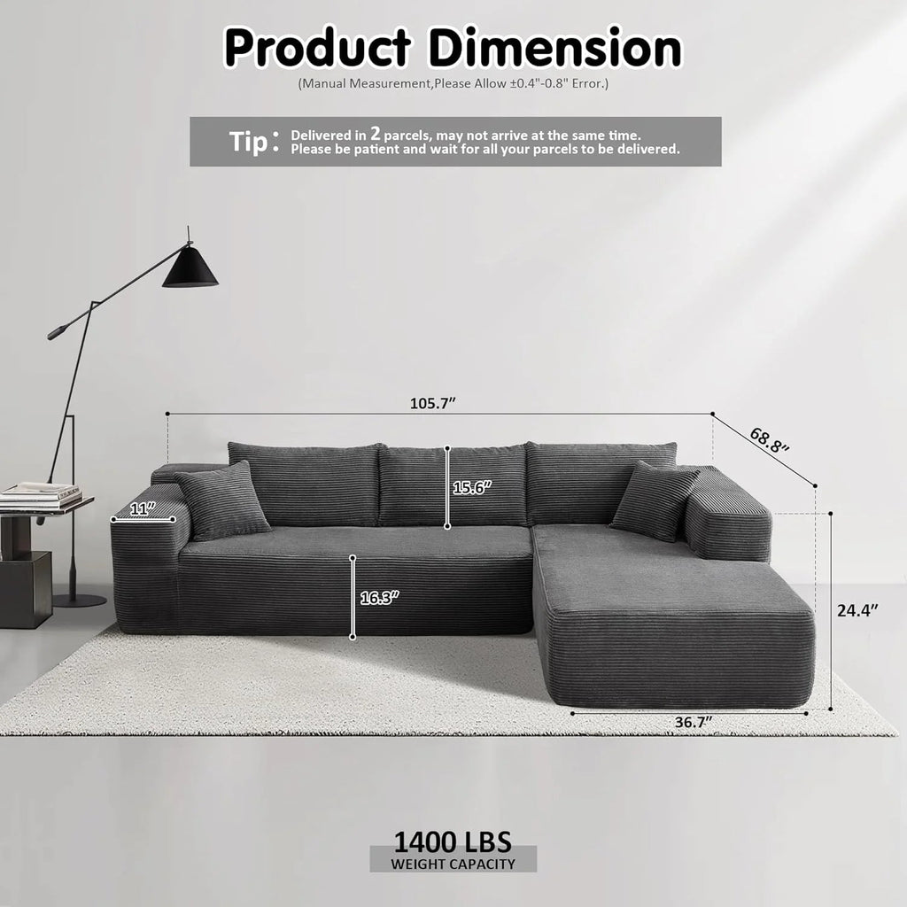 L-Shape Modular Couch, Plush Corduroy Fabric, No Assembly Required