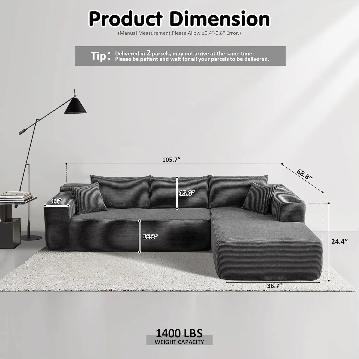L-Shape Modular Couch, Plush Corduroy Fabric, No Assembly Required