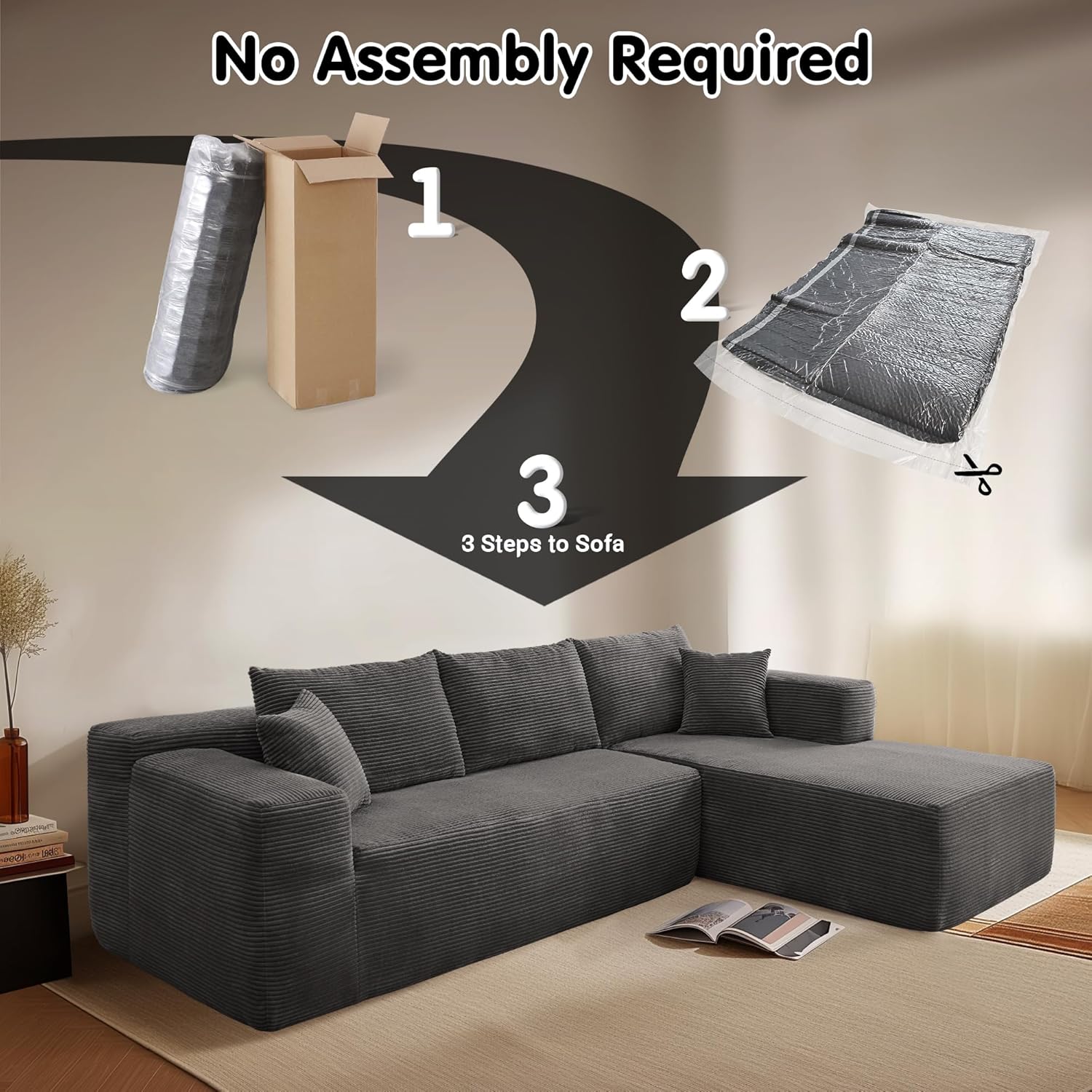 L-Shape Modular Couch, Plush Corduroy Fabric, No Assembly Required