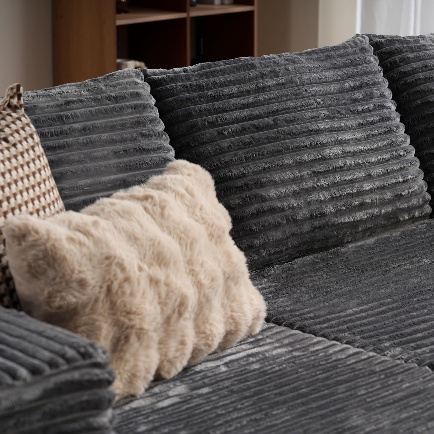 L-Shape Modular Couch, Plush Corduroy Fabric, No Assembly Required