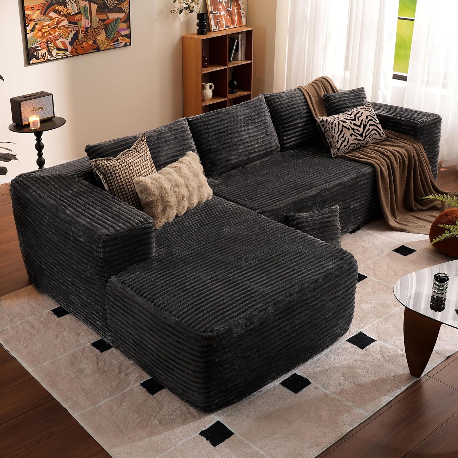 L-Shape Modular Couch, Plush Corduroy Fabric, No Assembly Required