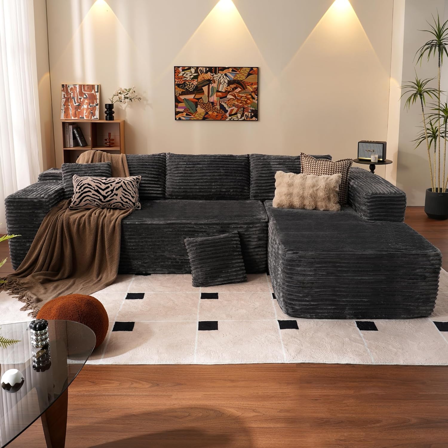 L-Shape Modular Couch, Plush Corduroy Fabric, No Assembly Required