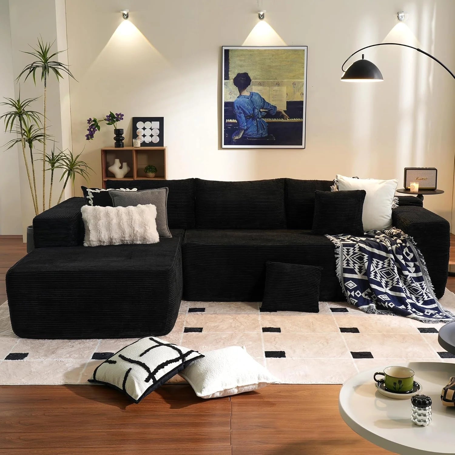 L-Shape Modular Couch, Plush Corduroy Fabric, No Assembly Required