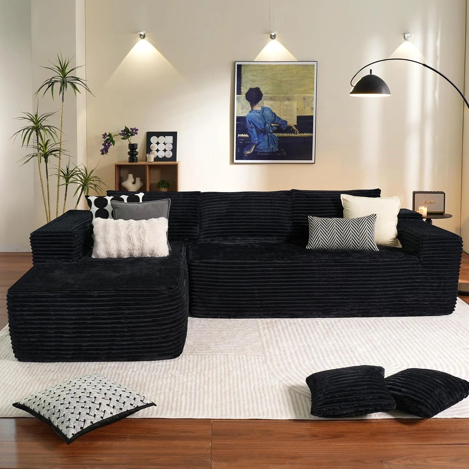L-Shape Modular Couch, Plush Corduroy Fabric, No Assembly Required