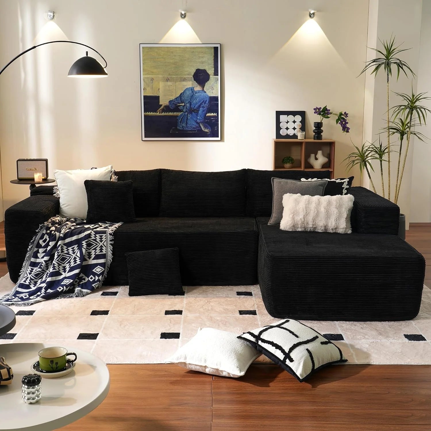 L-Shape Modular Couch, Plush Corduroy Fabric, No Assembly Required