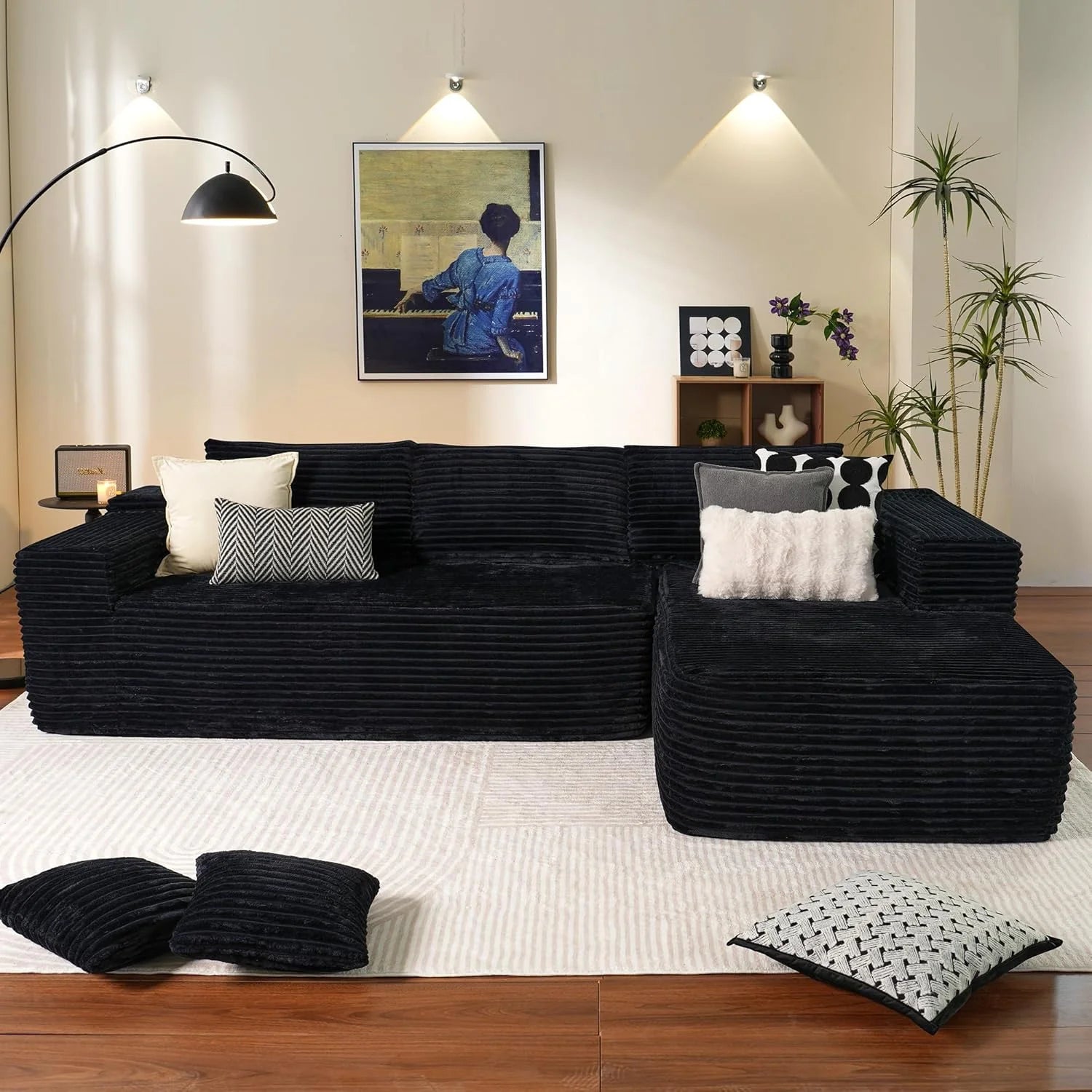 L-Shape Modular Couch, Plush Corduroy Fabric, No Assembly Required