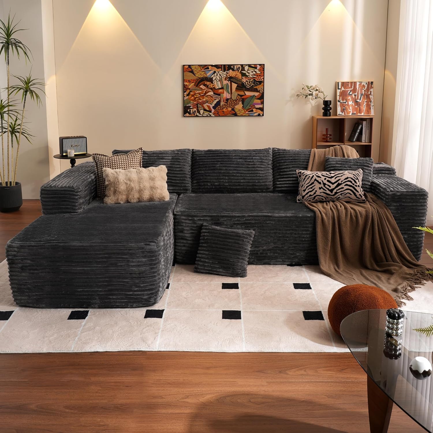 L-Shape Modular Couch, Plush Corduroy Fabric, No Assembly Required